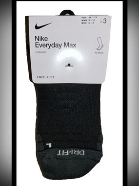 Nike Everyday No Show Max Socks 3 Pair Men 6-8 W 6-10 Black w White Logo Cushion
